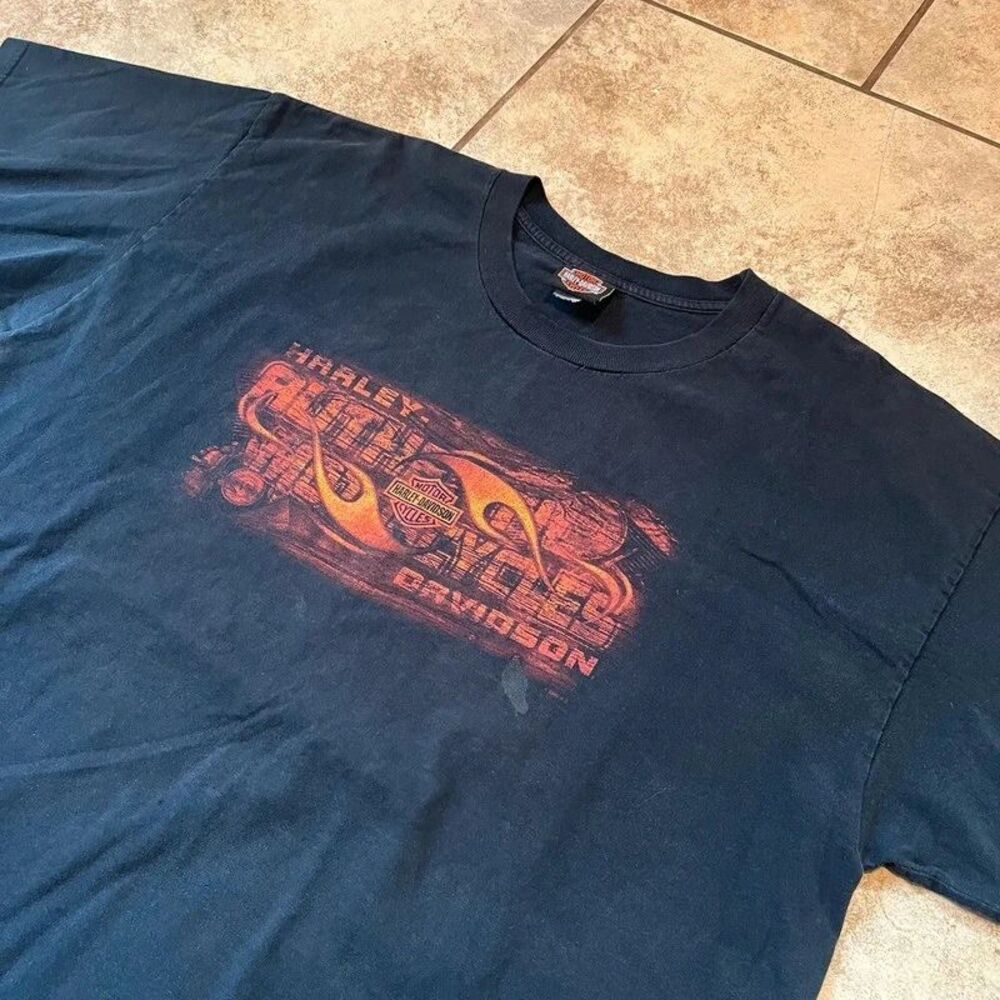 Vintage Y2K Harley Davidson Graphic Tee Black Orange Flames Size 2XL